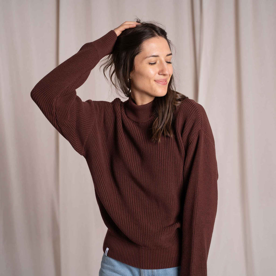 Alva - Strickpullover mit Stehkragen aus Biobaumwolle, Weinrot