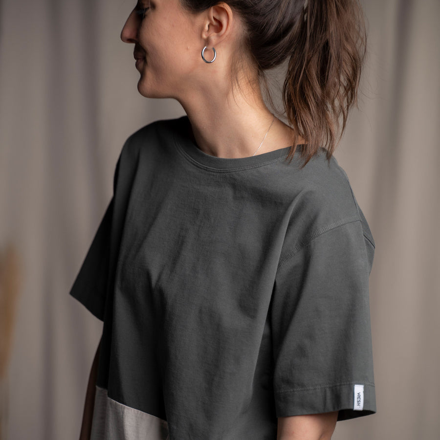 Jenniv - Loose T-Shirt aus Biobaumwolle, Tannengrün/Ecru