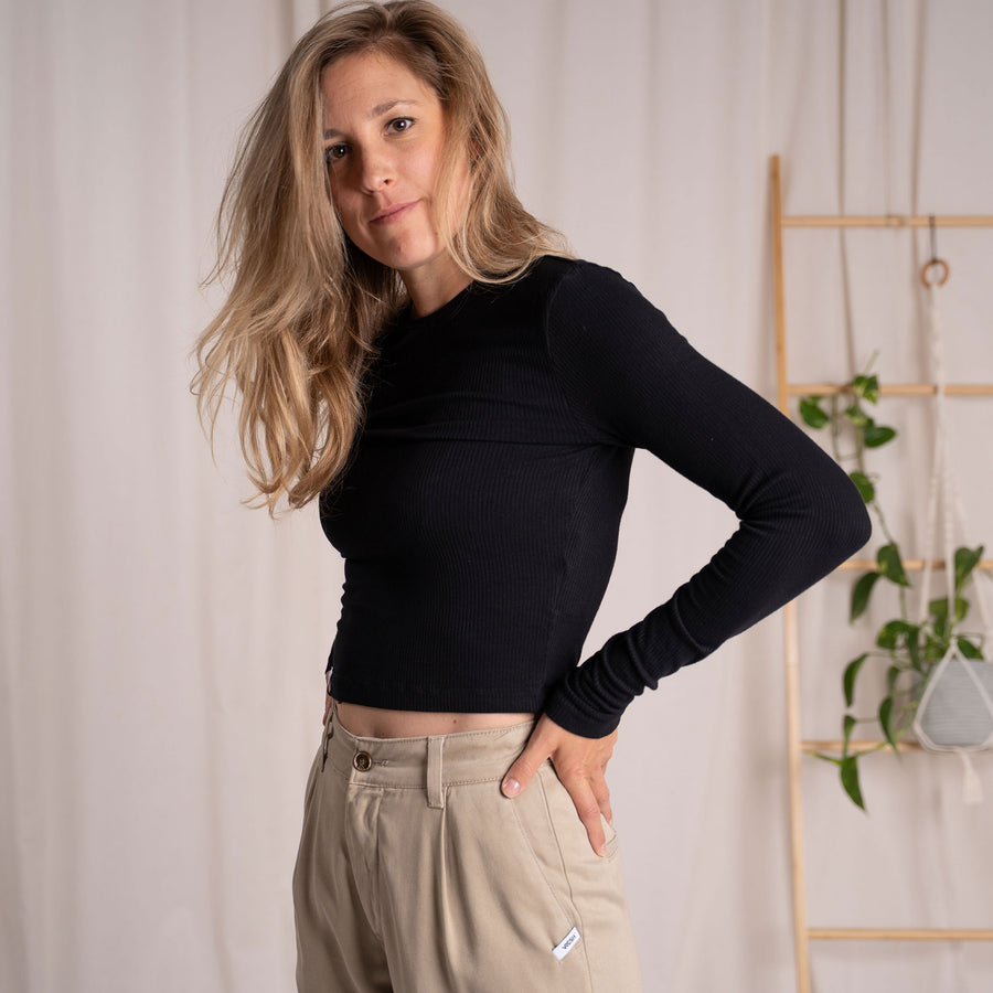 Merve, Crop Longsleeve aus Bambus, Schwarz