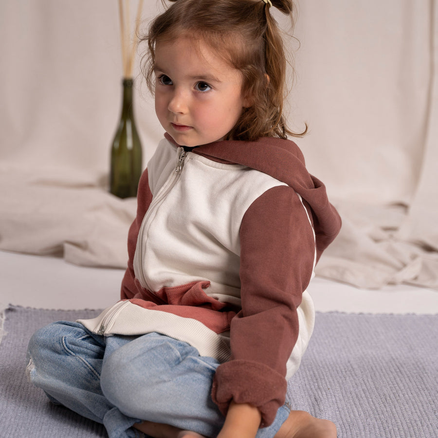 Mini Vischi - Kinder Zip-Hoodie aus Biobaumwolle, Beige/Rotbraun/Coral