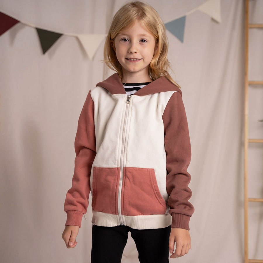 Mini Vischi - Kinder Zip-Hoodie aus Biobaumwolle, Beige/Rotbraun/Coral