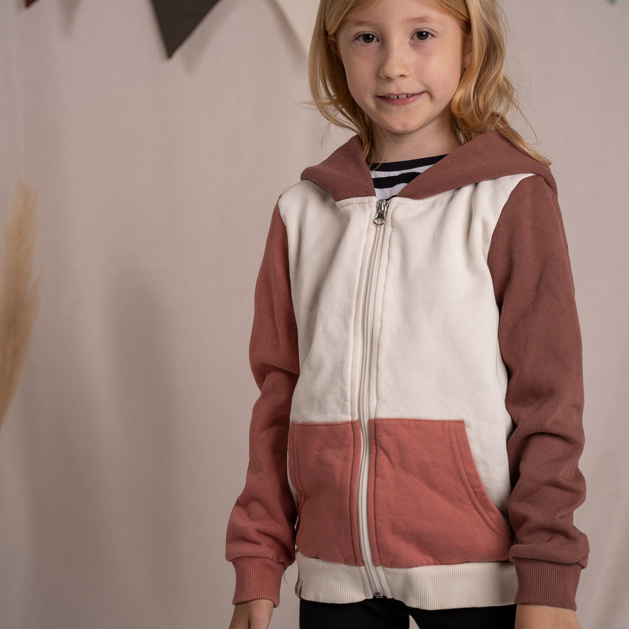 Mini Vischi - Kinder Zip-Hoodie aus Biobaumwolle, Beige/Rotbraun/Coral