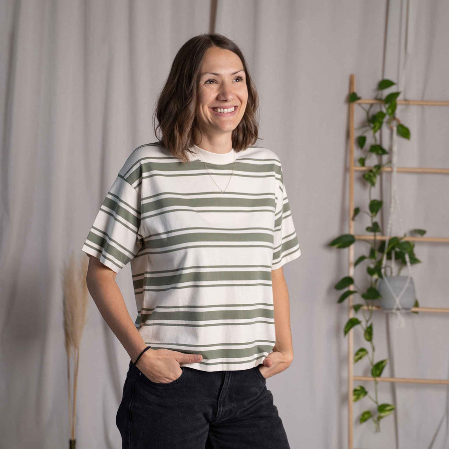 Vaiana - gestreiftes T-Shirt aus Biobaumwolle, Grün/Ecru