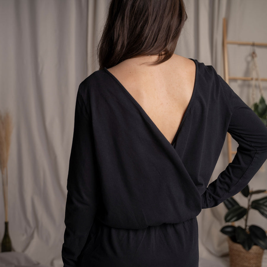 Vania - Langarmkleid mit Rückenausschnitt aus Bambus-Mix, Schwarz