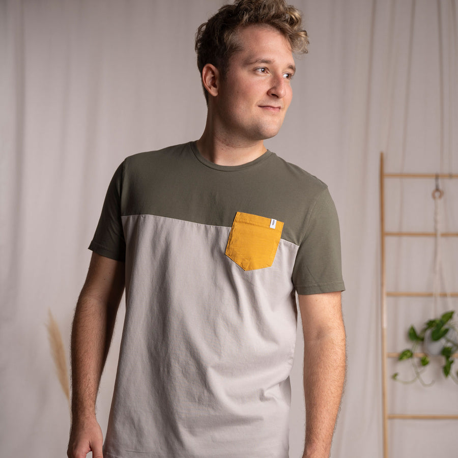 Verdy - Classic Fit Colourblock T-Shirt mit Brusttasche aus Biobaumwolle, Olive/Hellgrau/Senfgelb