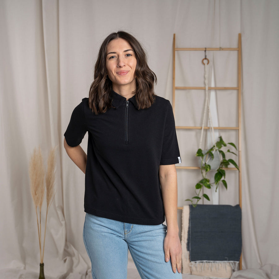 Verena - Zip Polo aus Tencel-Mix Pique, Schwarz