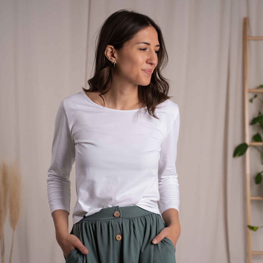 Vloria - 3/4 Crop Top mit Rückenausschnitt aus Biobaumwolle, Weiß