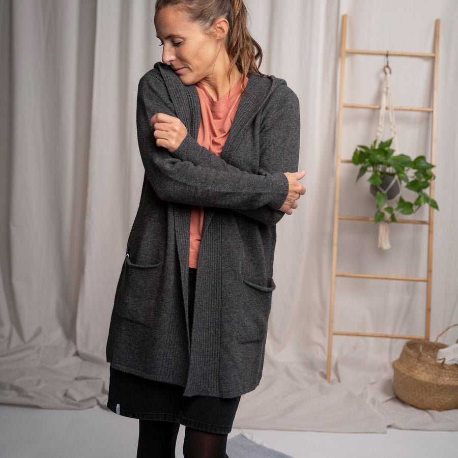 Vria, Kapuzen-Strickjacke aus Wollmix, Dunkelgrau