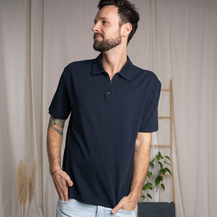 Vriedrich - Zip Polo aus Tencel-Mix, Navy