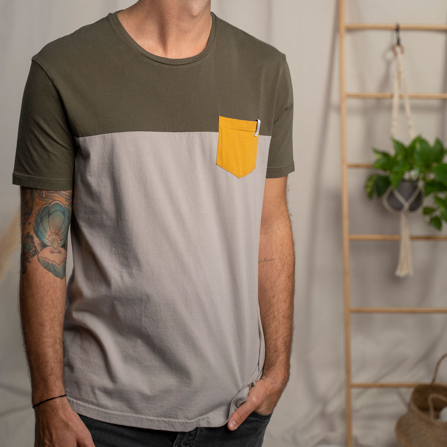 Verdy - Halfbase T-Shirt aus Biobaumwolle, Olive/Hellgrau/Senfgelb